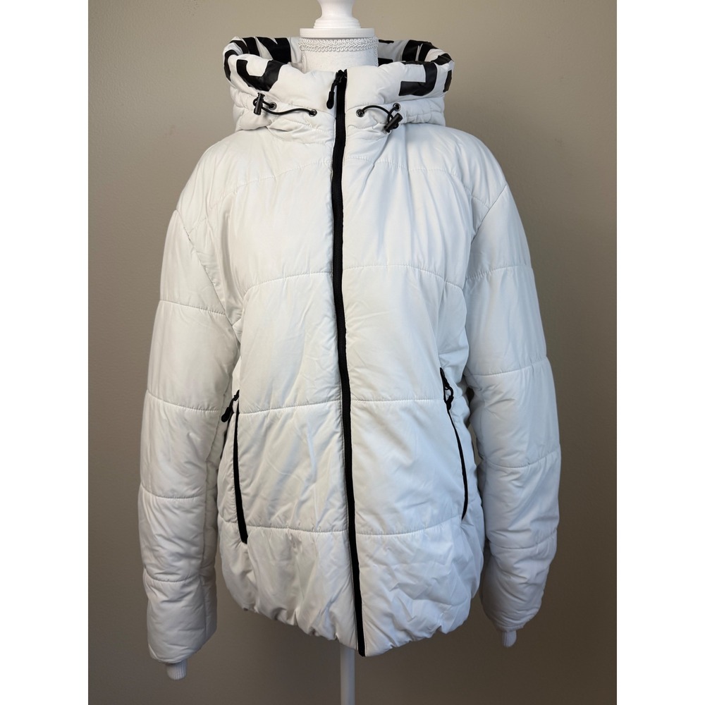 Converse Womens Puffer Jacket L White Logo Hooded Zip Up Winter Coat Y2K Grunge
